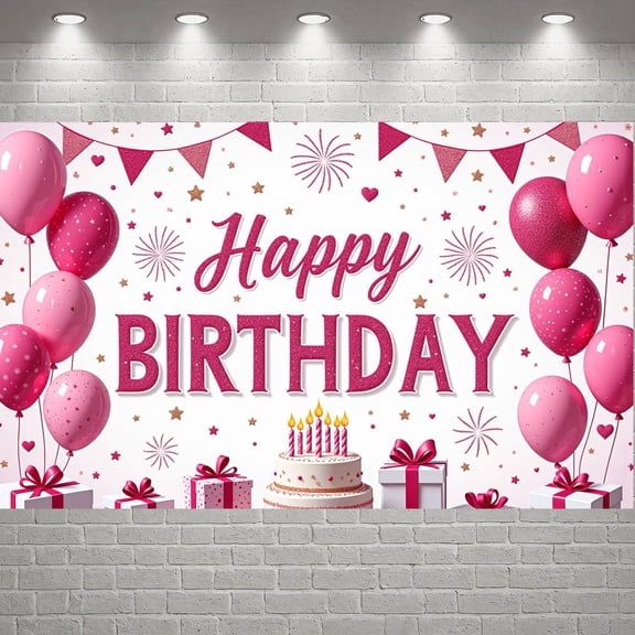 Pink Theme Banner Balloon Decor Birthday Party Display Star Pattern Cake Design Pink Celebration Backdrop for Birthday Party Kids Celebration Photo Shoot
