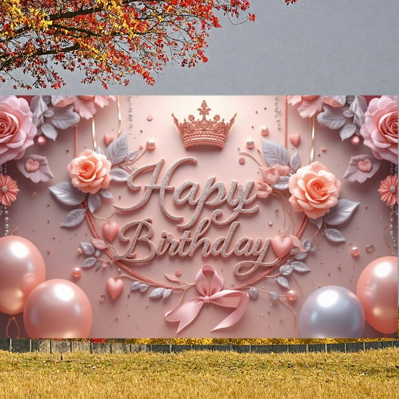 Pink Theme Banner Floral Design Birthday Celebration Display Royal Crown Shiny Lettering Princess Birthday Backdrop for Birthday Party Princess Celebration Girls' Birthday