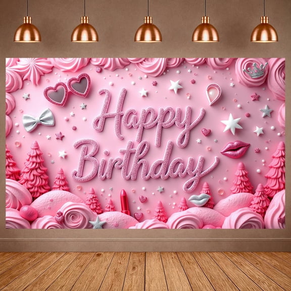 Pink Theme  Banner Glitter Style Birthday Display Heart Shape Star Pattern Party Backdrop for Birthday Party Girls' Birthday Indoor Decoration