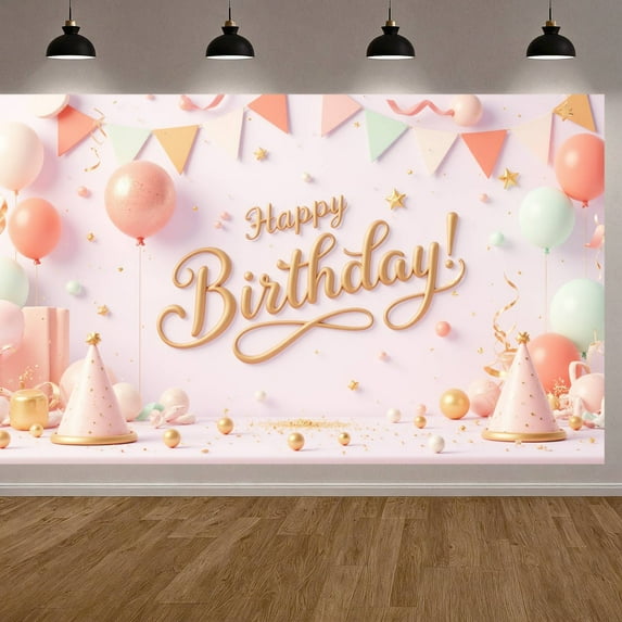 Pink Theme Banner Gold Glitter Birthday Party Display Balloon Decor Star Pattern Party Backdrop for Birthday Party Kids Celebration Photo Shoot