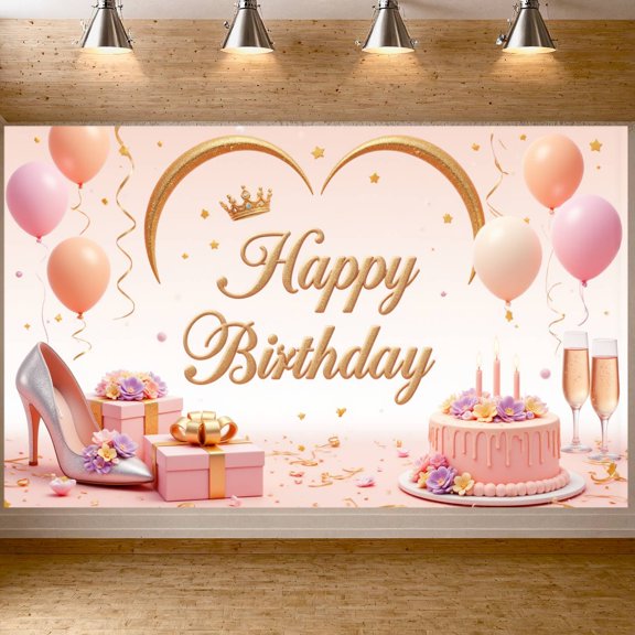 Pink Theme Banner Gold Glitter Birthday Party Display Balloon Decor Star Pattern Party Backdrop for Birthday Party Kids Celebration Photo Shoot