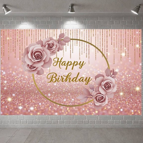 Pink Theme Banner Gold Glitter Birthday Party Display Balloon Decor Star Pattern Party Backdrop for Birthday Party Kids Celebration Photo Shoot