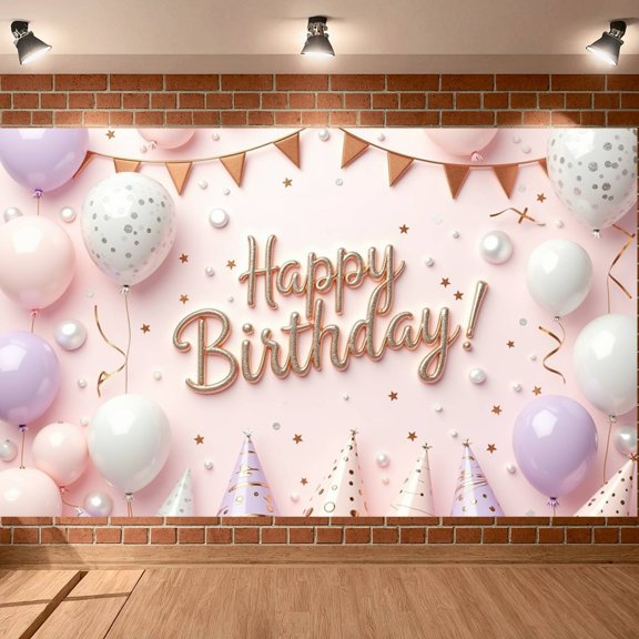 Pink Theme Banner Gold Glitter Birthday Party Display Balloon Decor Star Pattern Party Backdrop for Birthday Party Kids Celebration Photo Shoot