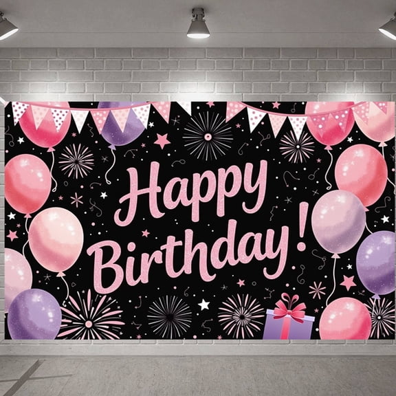 Pink Theme Banner Purple Balloons Birthday Display Star Patterns Firework Design Party Backdrop for Birthday Party Kids Celebration Photo Shoot