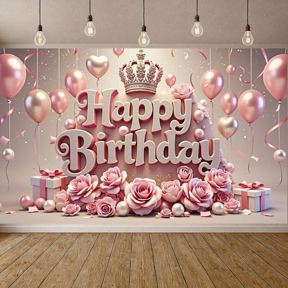 Pink Theme Banner Royal Crown Princess Backdrop Pink Roses Sparkling Letters Glamorous Party Backdrop for Birthday Party Girls' Birthday Indoor Decoration