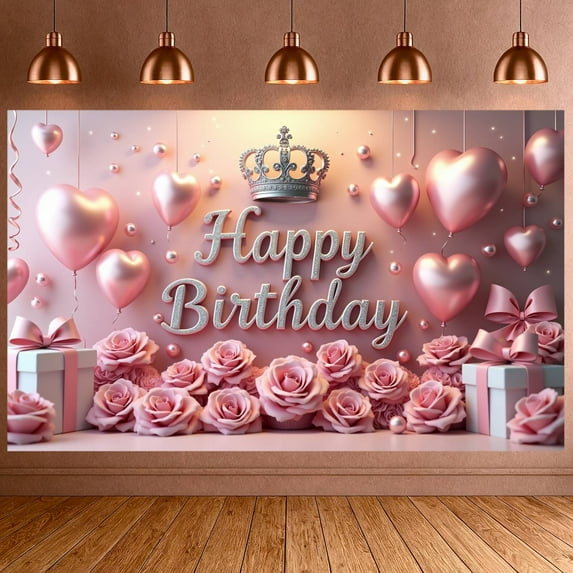Pink Theme Banner Royal Crown Princess Backdrop Pink Roses Sparkling Letters Glamorous Party Backdrop for Birthday Party Girls' Birthday Indoor Decoration