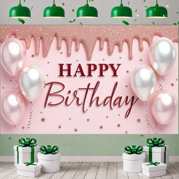 Pink Theme Banner Silver Balloons Birthday Display Gold Stars Glitter Drips Party Backdrop for Birthday Party Girls' Celebration Photo Backdrop
