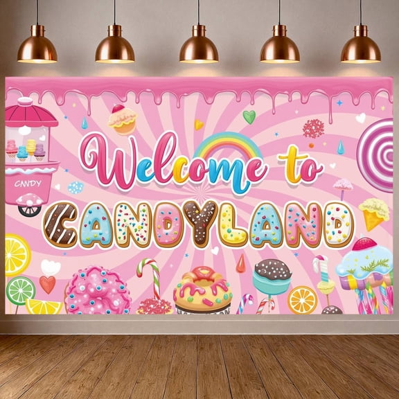 Pink Theme Candy Land Banner Rainbow Design Sweet Display Donut Pattern Lollipop  Candy Backdrop for Kids Party Birthday Celebration Candy Theme Party
