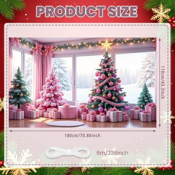 Pink Theme Christmas Banner Christmas Tree Design Pink Christmas Banner Gift Pattern Bow Decoration Holiday Banner for Christmas Party Indoor Celebration Family Celebration