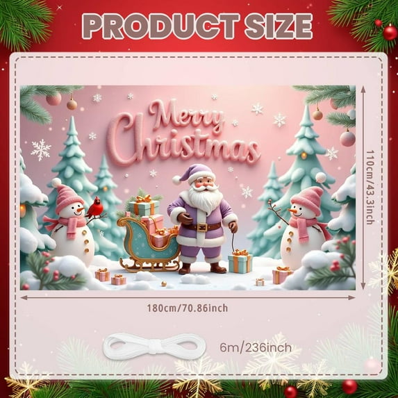 Pink Theme Christmas Banner Cute Merry Christmas Banner Santa Claus Design Snowman Pattern Holiday Banner for Christmas Party Indoor Decoration Home Celebration