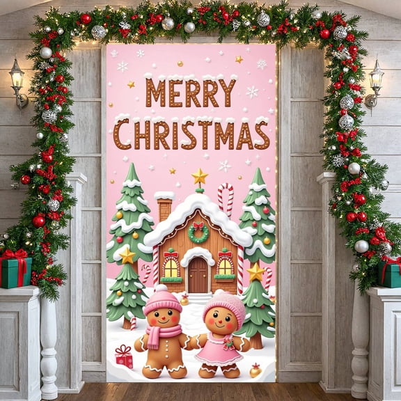 Pink Theme Christmas Banner Gingerbread House Design Holiday Backdrop Snowflake Accent Candy Cane Xmas Display for Christmas Party Indoor Decoration Family Reunion