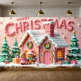 thumbnail image 1 of Pink Theme Christmas Banner Gingerbread House Design Holiday Banner Candy Cane Pattern Snowy Roof Xmas Banner for Christmas Party Indoor Decoration Family Gathering, 1 of 9