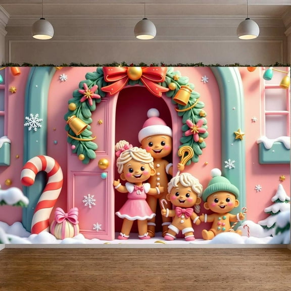 Pink Theme Christmas Banner Gingerbread Man Design Holiday Banner Christmas Wreath Decoration Bell Ornament Christmas Decoration Banner for Christmas Party Family Gathering Holiday Decoration