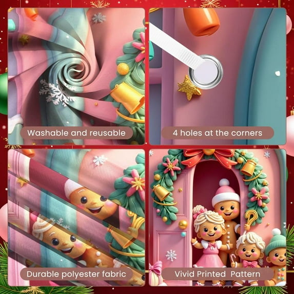 Pink Theme Christmas Banner Gingerbread Man Design Holiday Banner Christmas Wreath Decoration Bell Ornament Christmas Decoration Banner for Christmas Party Family Gathering Holiday Decoration