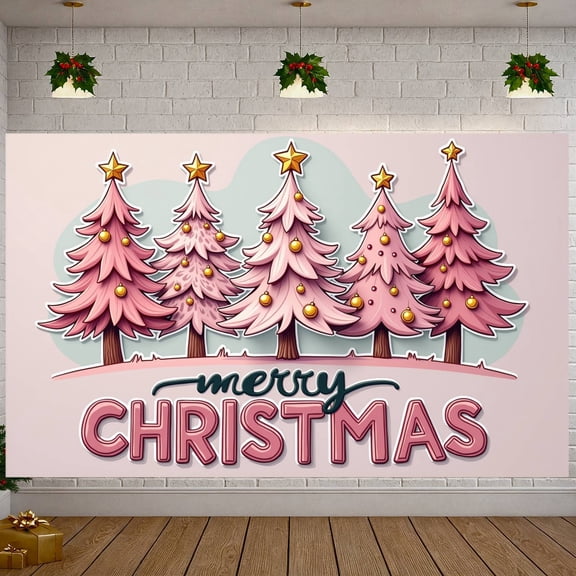 Pink Theme Christmas Banner Gold Ornaments Xmas Display Star Topped Festive Design Holiday Backdrop for Christmas Party Holiday Decoration Indoor Celebration