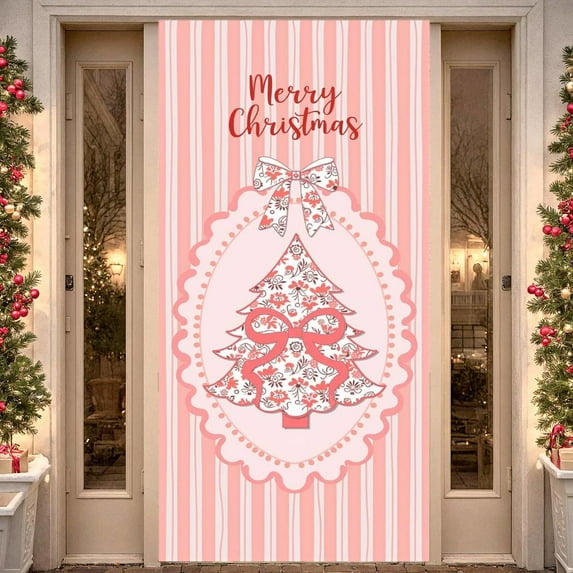 Pink Theme Christmas Banner Striped Pattern Merry Christmas Banner Christmas Tree Design Vintage Truck Xmas Banner for Christmas Party Holiday Decoration Indoor Event