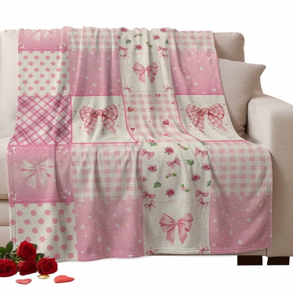 Pink Theme Fleece Throw Blanket Lightweight Cute Bow Love Roses Plaid Polka Dot Patchwork Retro Fuzzy Flannel Throws Super Soft Cozy Flannel Blanket for Couch, Sofa, Bed, Travel 50"x80"