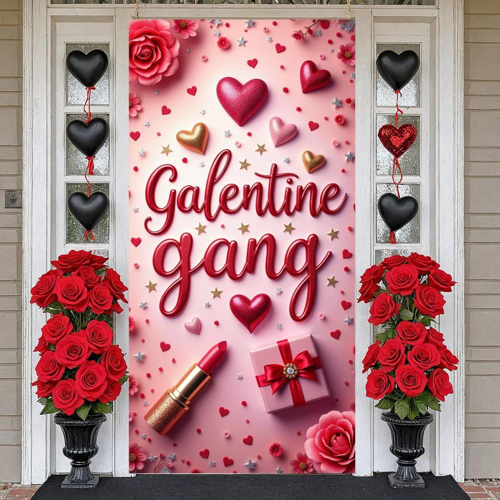 Pink Theme Galentine Banner Red Hearts Friendship Display Gold Stars ...