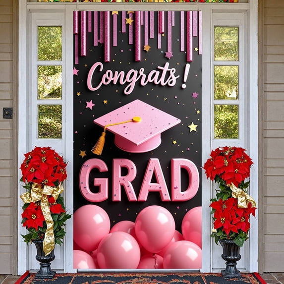 Pink Theme Graduation Banner Gold Decorative Grad Party Backdrop Pink Balloons Golden Stars Graduation Background for Graduation Party Graduation Ceremony Grad Photo Shoot