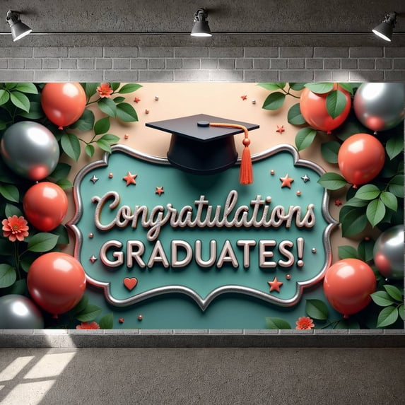 Pink Theme Graduation Banner Gold Stars Congrats Display Glitter Design Pink Balloons Grad Backdrop for Graduation Ceremony College Graduation Grad Party