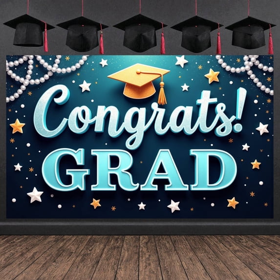 Pink Theme Graduation Banner Gold Stars Congrats Display Glitter Design Pink Balloons Grad Backdrop for Graduation Ceremony College Graduation Grad Party