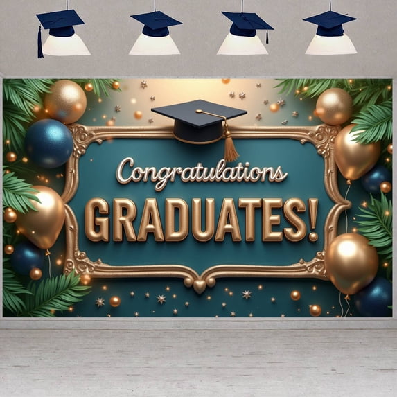 Pink Theme Graduation Banner Gold Stars Congrats Display Glitter Design Pink Balloons Grad Backdrop for Graduation Ceremony College Graduation Grad Party