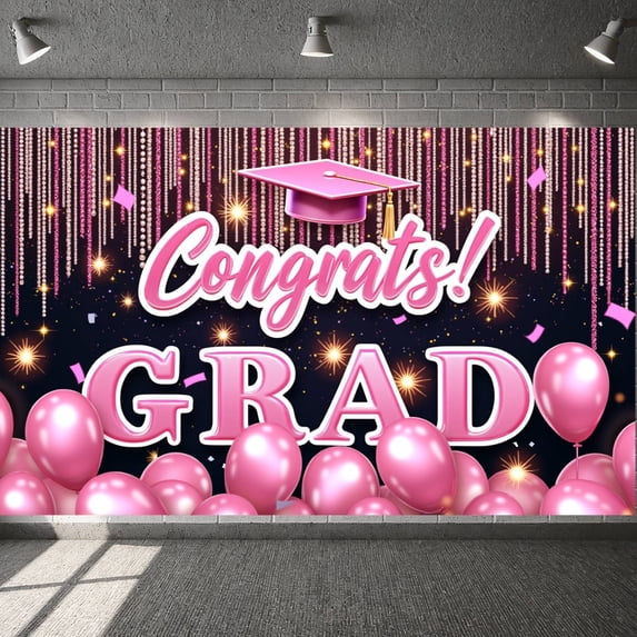 Pink Theme Graduation Banner Graduation Cap Congrats Display Sparkling Decor Pink Balloons Grad Backdrop for Graduation Party College Graduation Graduation Photo Shoot