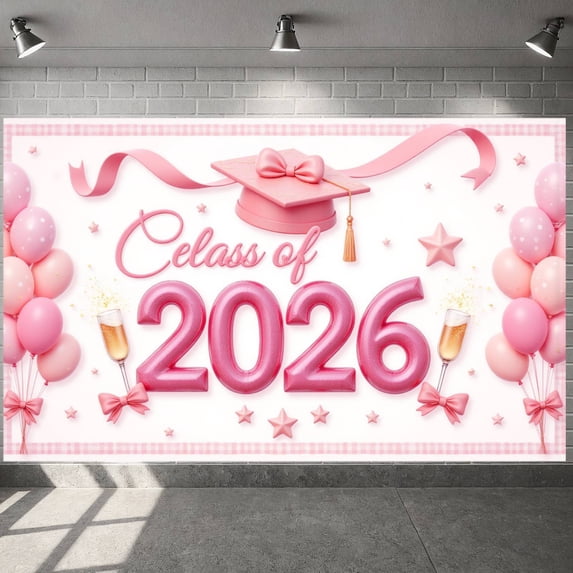 Pink Theme Graduation Banner Graduation Cap Design Class of 2026 Display Polka Dot Balloons Star Decorations Graduation Backdrop for Graduation Ceremony Class of 2026 Party Graduation Photo Shoot