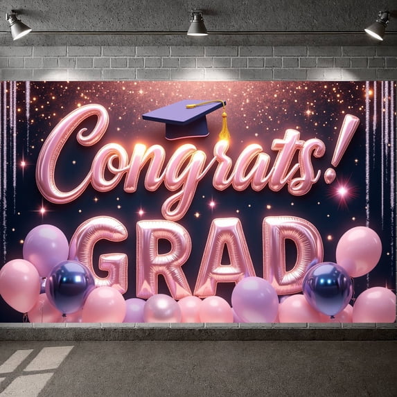 Pink Theme Graduation Banner Graduation Cap Design Congrats Display Pink Balloons Gold Stars Grad Backdrop for Graduation Party College Graduation Graduation Photo Shoot