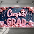 thumbnail image 1 of Pink Theme Graduation Banner Graduation Cap Design Congrats Display Pink Balloons Gold Stars Grad Backdrop for Graduation Party College Graduation Graduation Photo Shoot, 1 of 9