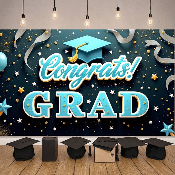 Pink Theme Graduation Banner Graduation Cap Design Congrats Display Pink Balloons Gold Stars Grad Backdrop for Graduation Party College Graduation Graduation Photo Shoot