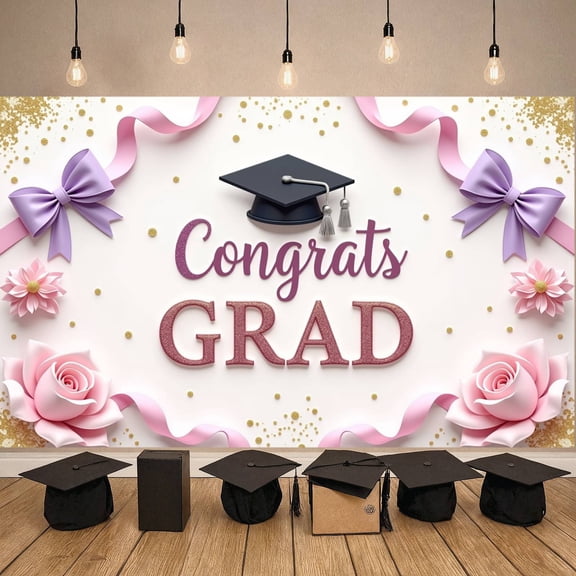 Pink Theme Graduation Banner Graduation Cap Design Grad Party Display Balloon Decoration Floral Ornament Graduation Backdrop for Graduation Ceremony Class of 2026 Party Graduation Photo Shoot