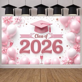 Pink Theme Graduation Banner Graduation Cap Design Grad Party Display Balloon Decoration Floral Ornament Graduation Backdrop for Graduation Ceremony Class of 2026 Party Graduation Photo Shoot