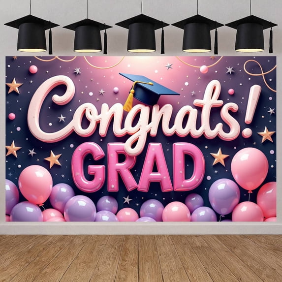 Pink Theme Graduation Banner Graduation Cap Grad Backdrop Colorful Balloons Congrats Lettering Graduation Background for Graduation Party College Graduation Photo Shoot