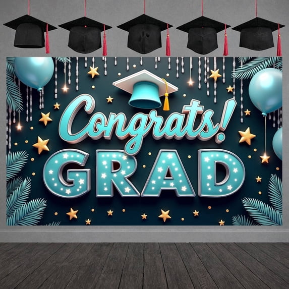 Pink Theme Graduation Banner Graduation Cap Grad Backdrop Colorful Balloons Congrats Lettering Graduation Background for Graduation Party College Graduation Photo Shoot