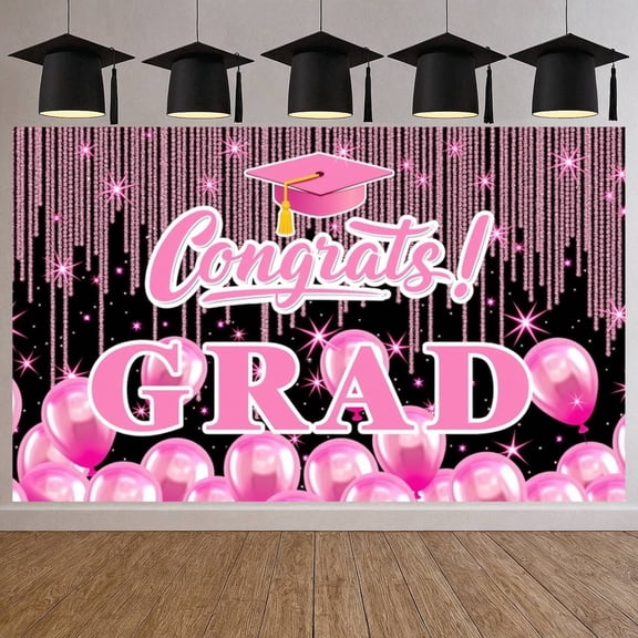Pink Theme Graduation Banner Sparkling Design Congrats Grad Display Graduation Cap Pink Balloons Grad Party Backdrop for Graduation Party Commencement Ceremony Student Celebration