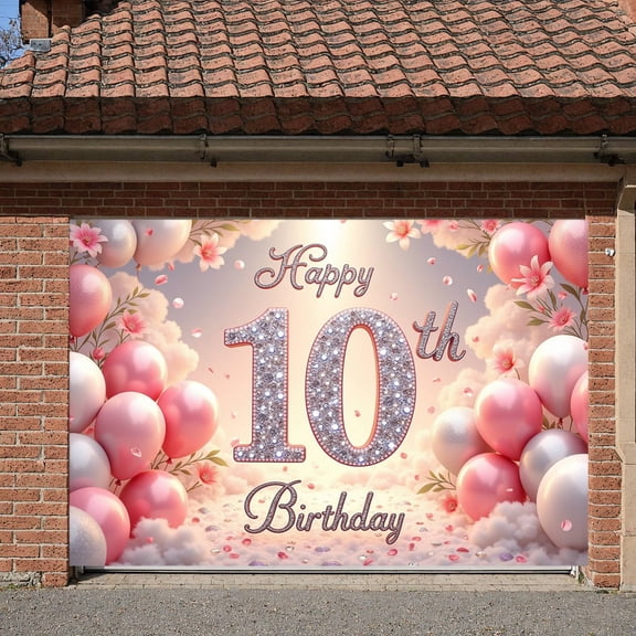 Pink Theme Happy 10th Birthday Banner Decor 10th Birthday Display Balloon Design Floral Accent Sparkling Birthday Backdrop for 10th Birthday Party Girls' Celebration Photo Shoot Backdrop