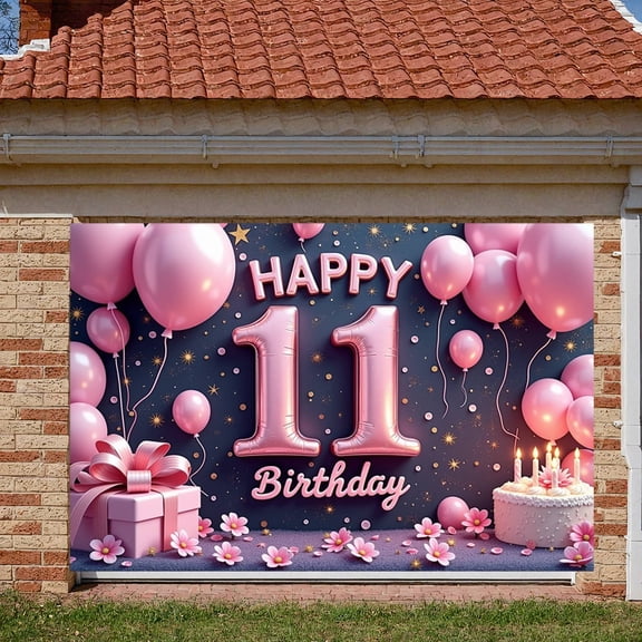 Pink Theme Happy 11th Birthday Banner 11th Number Balloon 11th Birthday Display Gold Stars Gift Box Pink Birthday Backdrop for 11th Birthday Party Girls' Birthday Photo Shoot Backdrop