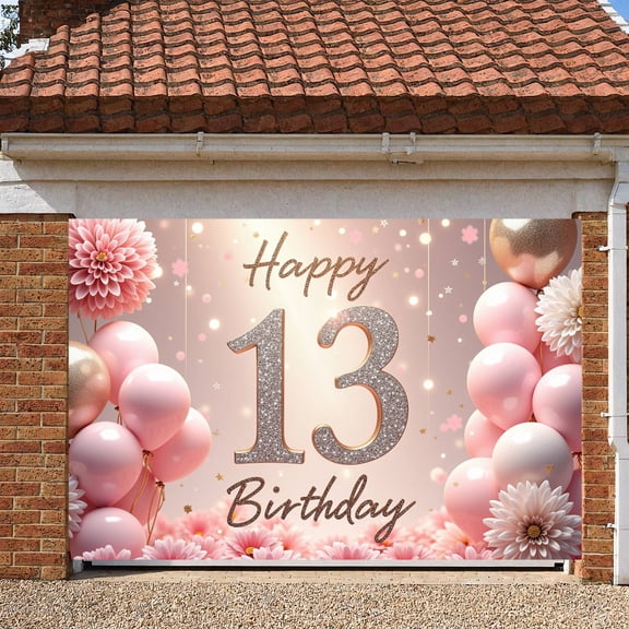 Pink Theme Happy 13th Birthday Banner Glitter Design 13th Birthday Display Floral Decor Balloon Arrangement Teen Birthday Backdrop for 13th Birthday Party Teenage Celebration Girls' Birthday