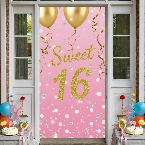 Pink Theme Happy 16th Birthday Banner Gold Glitter Sweet 16 Banner Decor Star Pattern 16th Birthday Party Banner for Sweet 16 Party Teen Birthday Celebration Girls Party