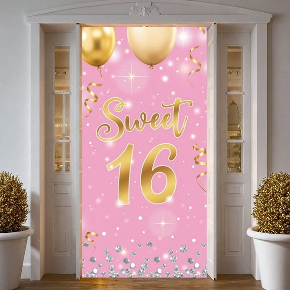 Pink Theme Happy 16th Birthday Banner Gold Glitter Sweet 16 Banner Decor Star Pattern 16th Birthday Party Banner for Sweet 16 Party Teen Birthday Celebration Girls Party