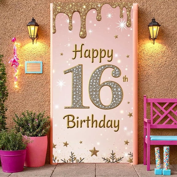 Pink Theme Happy 16th Birthday Banner Gold Glitter Sweet 16 Banner Decor Star Pattern 16th Birthday Party Banner for Sweet 16 Party Teen Birthday Celebration Girls Party