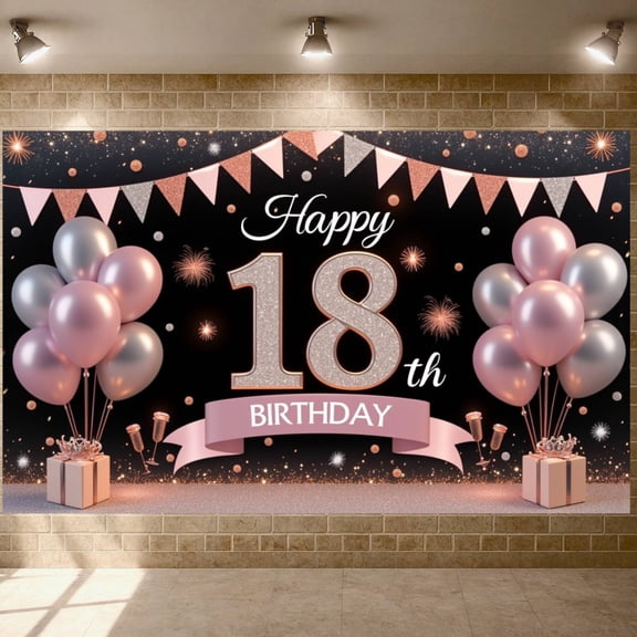 Pink Theme Happy 18th Banner Gold Sparkle 18th Birthday Display Balloon Decor Gift Box Design Birthday Backdrop for 18th Birthday Party Adult Celebration Sweet 18 Event