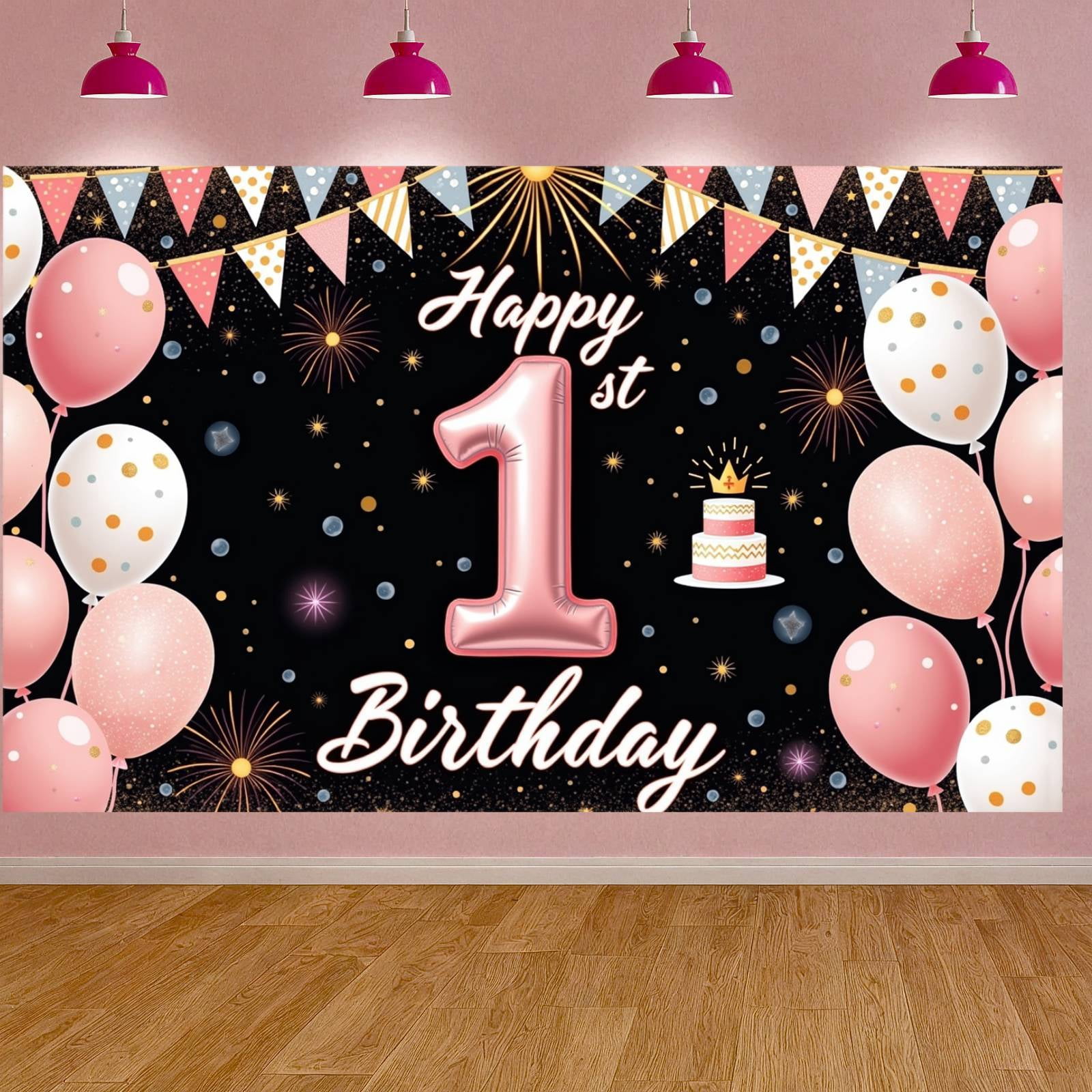 Pink Theme Happy 1st Birthday Banner Gold Accents 1st Birthday Display ...