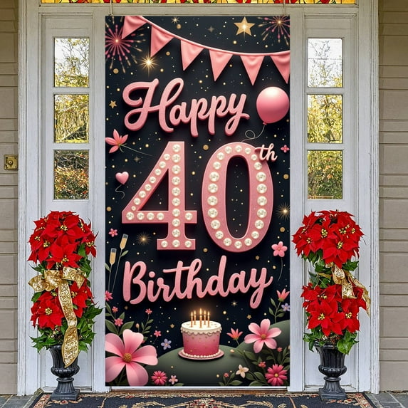 Pink Theme Happy 40th Birthday Banner Glitter Design 40th Birthday Display Floral Decor Balloon Birthday Celebration Backdrop for 40th Birthday Party Women's Birthday Indoor Celebration