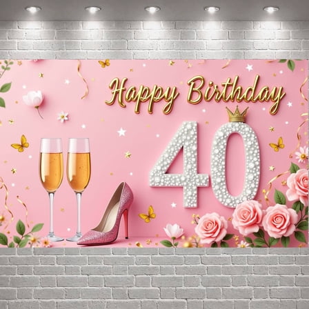 Pink Theme Happy 40th Birthday Banner Gold Glitter Women's Birthday Display Floral Design Butterfly Accents Pink Party Backdrop for 40th Birthday Party Women's Celebration Indoor Party Decoration