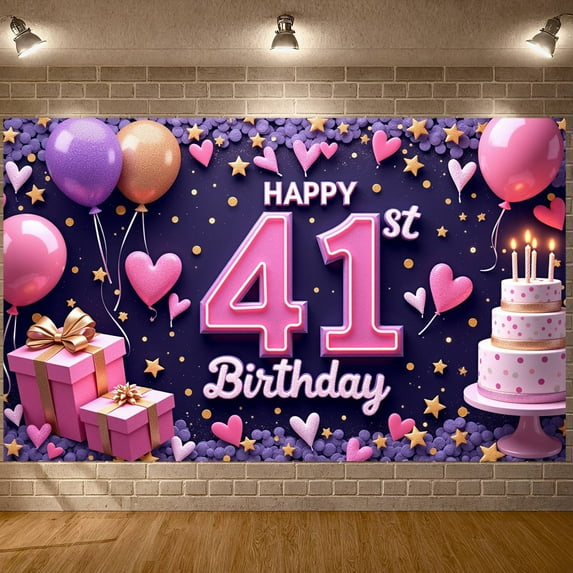 Pink Theme Happy 41st Birthday Banner Heart Decor 41st Birthday Display Balloon Design Gift Box Pattern Birthday Backdrop for 41st Birthday Party Adult Birthday Celebration Indoor Party Decoration