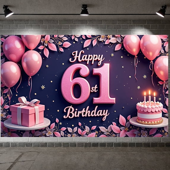 Pink Theme Happy 61st Banner Glittery Design 61st Birthday Display Balloon Decor Gift Box Birthday Backdrop for 61st Birthday Party Adult Birthday Celebration Photo Backdrop