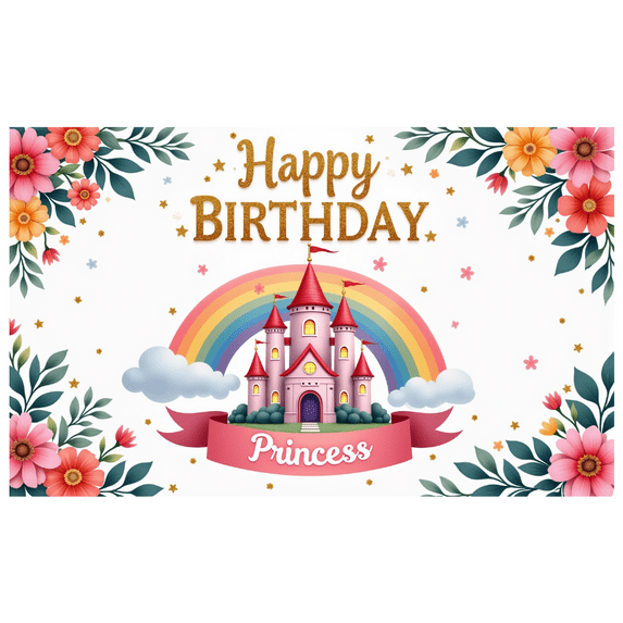 Pink Theme Happy Birthday Banner Princess Castle Flower Backdrop for Kids Party Celebration Decoration