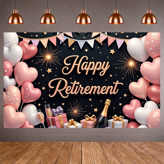 Pink Theme Happy Retirement Banner Gold Decor Retirement Party Display Balloon Arrangement Gift Box Design Festive Backdrop for Retirement Party Indoor Decoration Photo Backdrop